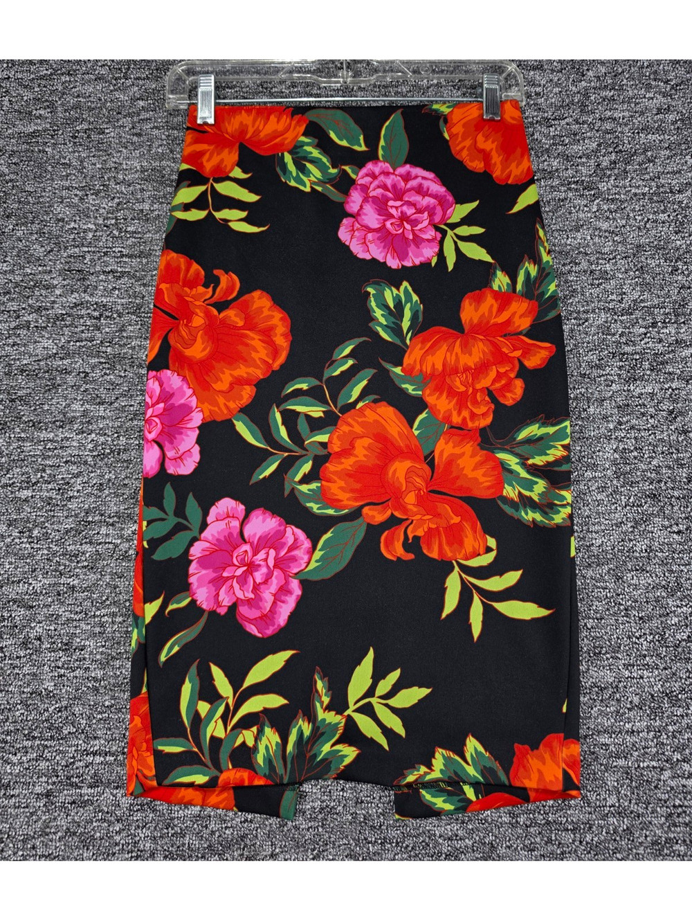 Express Women's Black Floral Knit Pencil Skirt 00 Knee High Rise Slit Stretch